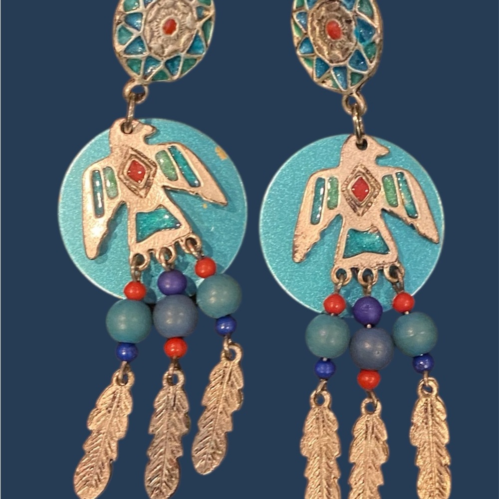 Native American  Thunderbird Shield Dangle Earrings Beaded Feather Fringe 3"